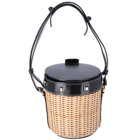 Salvatore Ferragamo Gancini Drawstring Bucket Bag Wicker Studded Leather + Pouch